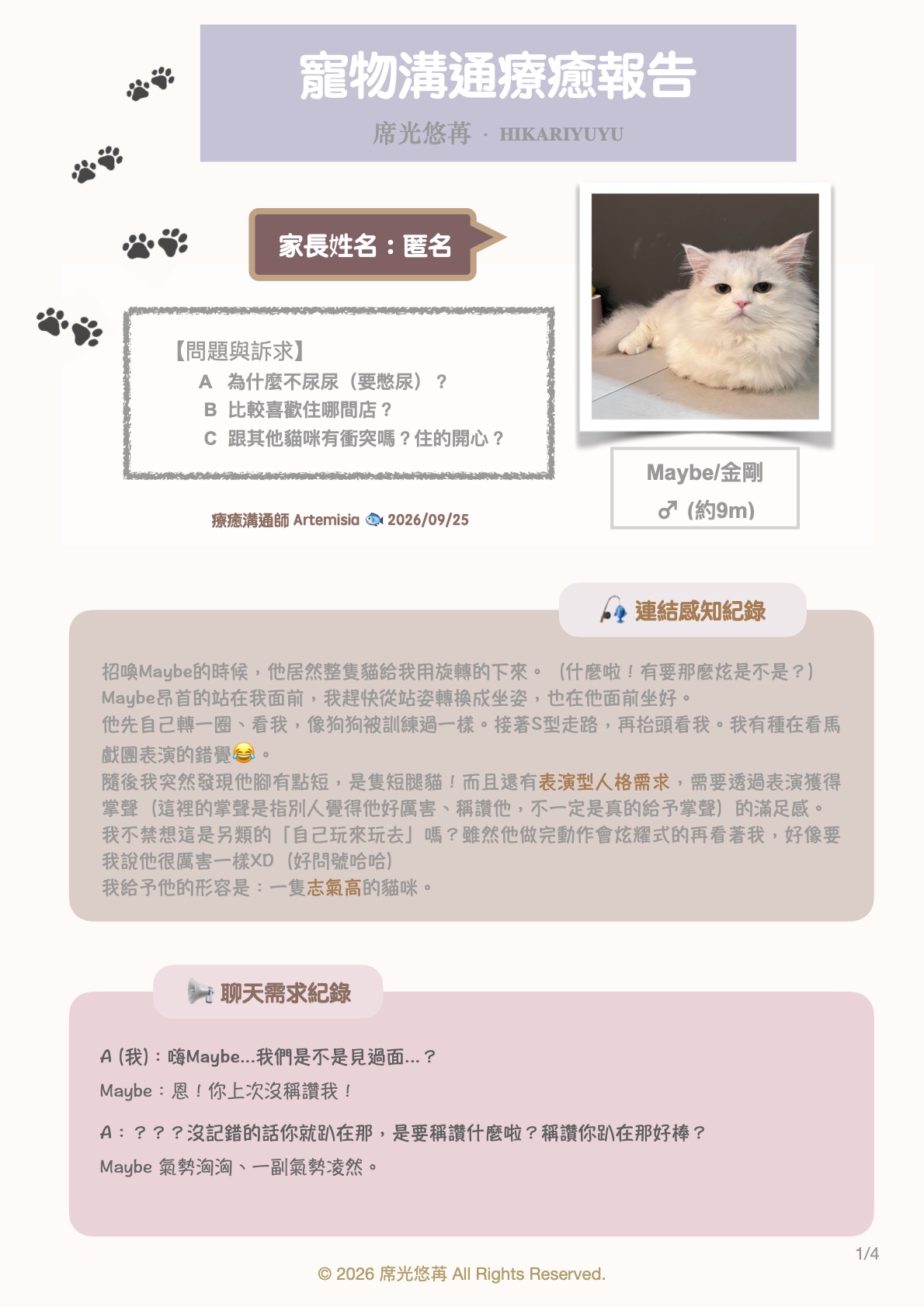寵物溝通療癒報告範例 第 1 頁